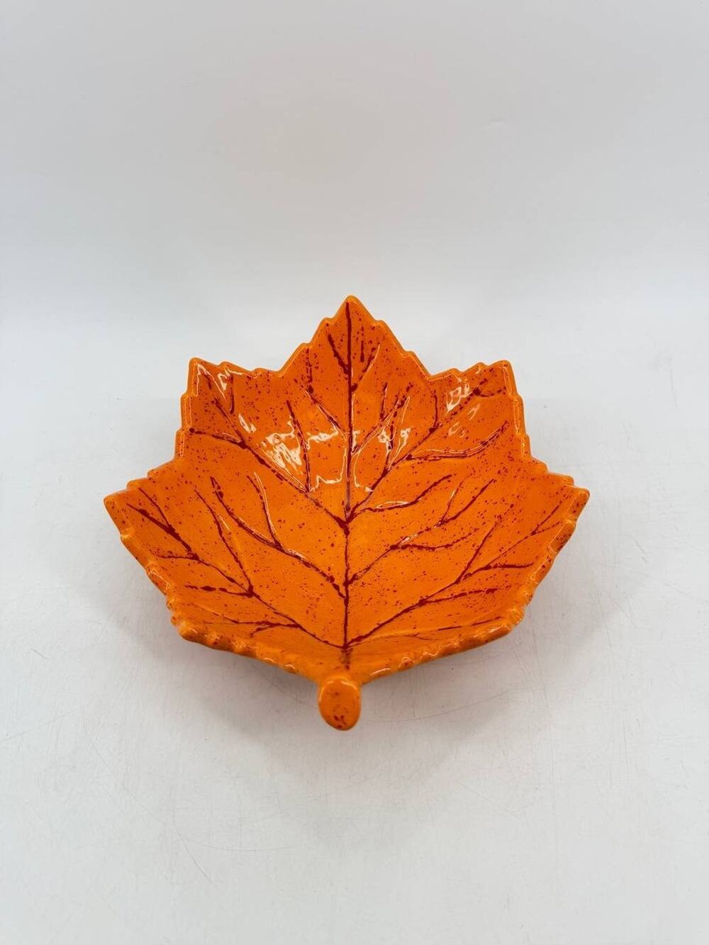 Rebecca Signed Ceramic Maple Leaf Dish Orange Red Speckled Fall Decor